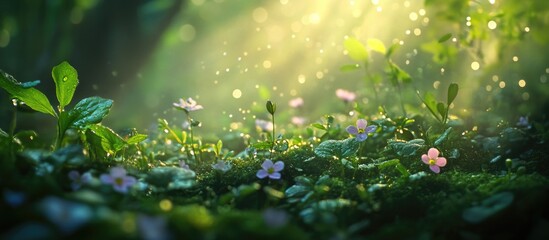 Poster - Enchanting Forest Scene in Suceava Region Romania with Lush Greenery and Delicate Flowers Bathed in Soft Sunlight