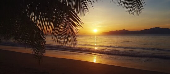 Poster - Serene tropical beach at sunrise with gentle waves and empty space for text ideal for promotional or inspirational content
