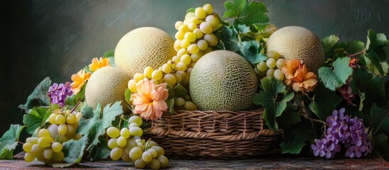 Poster - Melon basket with grapes and flowers on textured background featuring green leaves and vibrant colors of fresh fruits.