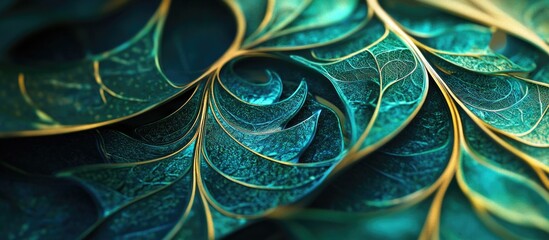 Poster - Abstract macro leaf texture in green and blue colors with intricate patterns representing eco-friendly themes and nature's elegance.