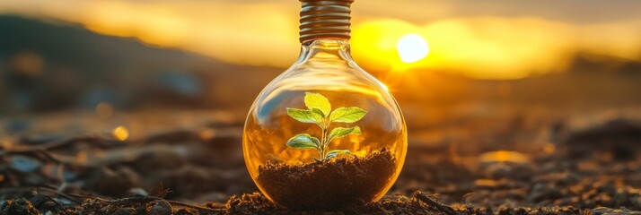 Poster - Eco-Tech Fusion Glass Lightbulb with Sprouting Plant in Soil, Illuminated at Sunset - Innovative Green Solutions for Sustainable Design and Eco-Friendly Marketing