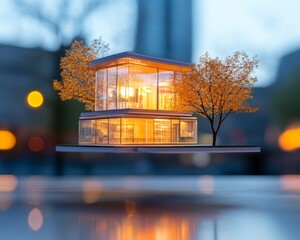 Leinwandbilder - Floating Glass Architecture Futuristic Transparent Pavilion Amidst Urban Glow - Innovative Urban Planning and Sustainable City Design for Modern Commercial Spaces