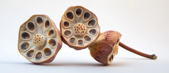 Poster - Lotus seed pods showcasing intricate patterns and textures isolated on a clean white background highlighting natural beauty and botanical elements