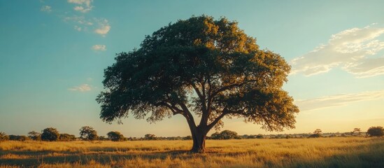 Poster - Vibrant summer countryside landscape featuring a majestic tree and open grass field with ample space for text integration.