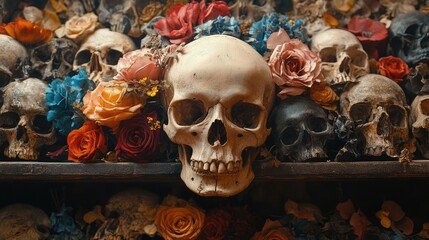 Poster - Digital gallery showcasing intricate skull arrangements adorned with vibrant flowers, blending art and symbolism in a macabre masterpiece.