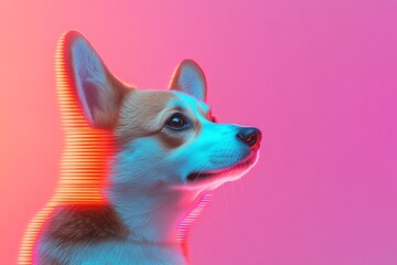 Poster - Glitch Aesthetic Pet Portrait Neon-Outlined Corgi in Vivid Digital Art - Trending Visuals for Modern Interior Decor and Creative Marketing Campaigns