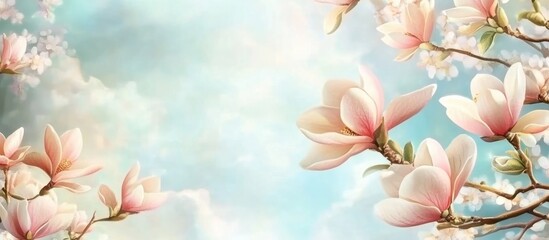 Poster - Magnolia branch displaying vibrant pink and white flowers against a cloudy sky background ideal for text overlay and nature themes