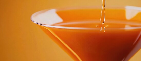 Poster - Macro close up of funnel pouring vibrant orange liquid into a glass with smooth gradients and ample empty space for text placement