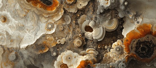Poster - Abstract geological formations showcasing layered rocks with intricate patterns and textures in earthy tones and organic shapes.