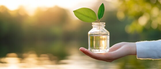 Aufkleber - Eco-Chic Water Conservation Imagery Glass Jar with Leaf on Open Palm in Nature - Sustainable Resource Campaign and Environmental Advocacy Visuals