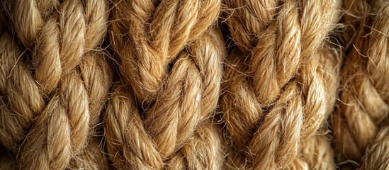 Poster - Macro close-up of coarse braided hemp rope showcasing texture and detail, ideal for nautical or maritime themed projects and designs