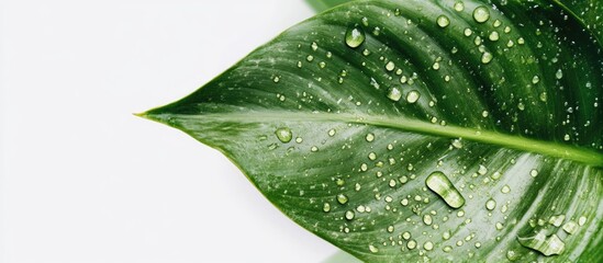 Poster - Close-up macro photograph of water droplets on lush green leaf with a blank area for adding text or graphics