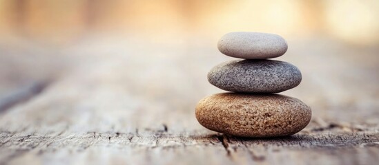 Poster - Balancing Tranquility: A Stack of Smooth Stones on Wooden Surface with Space for Text