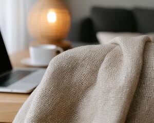 Poster - Modern Minimalist Workspace Beige Blazer on Chair with Natural Lighting - Sustainable Office Design and Remote Work Comfort