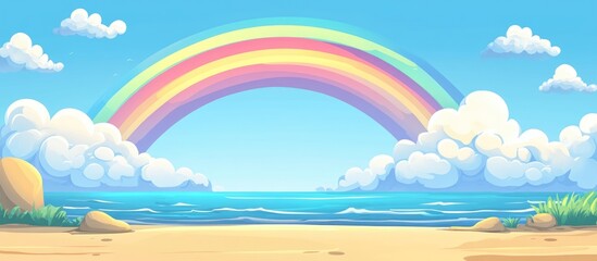 Poster - Colorful Rainbow Over Ocean and Sandy Beach with Soft Clouds and Blank Space for Custom Text and Design Elements