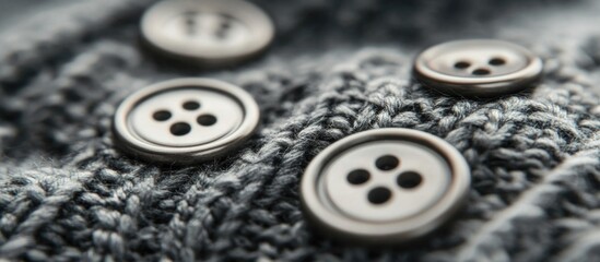 Poster - Metal buttons arranged on a textured gray knitted fabric showcasing detailed stitching and craftsmanship in textile design.