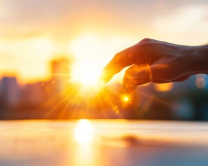 Aufkleber - Golden Hour Data Analysis Hand Gestures on Sunlit Surface - Engaging Financial Consultation for Dynamic Business Strategy and Visual Storytelling