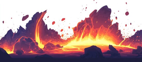 Poster - Lava flowing from an erupting volcano with dramatic magma explosion showcasing vibrant colors and an empty space for text or graphics