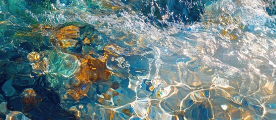 Poster - Close-up of shimmering sparkling water surface with reflections and vibrant colors creating a tranquil and inviting natural scene