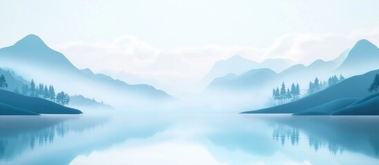 Poster - Serene Lake with Misty Mountains in Tranquil Landscape Featuring Calm Waters and Expansive Sky for Inspirational Text Placement