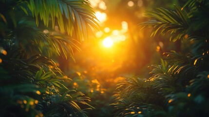 Poster - Lush jungle at sunset with soft light filtering through foliage in a serene and cinematic nighttime atmosphere