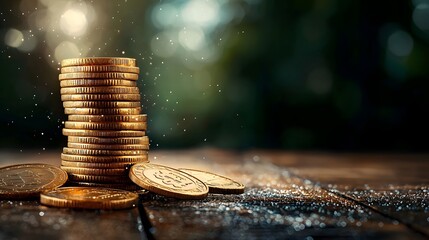 Poster - Stacked golden coins on a rustic wooden surface representing financial wealth growth prosperity and successful money management  The image conveys the concept of savings investment