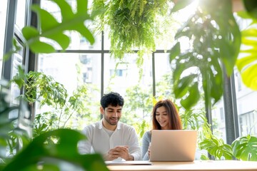 Poster - Biophilic Tech Collaboration Confident Indian Presenter with AI App Prototype on Tablet in Sunlit Open-Plan Office - Digital Innovation and Global Startup Workspaces