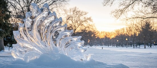 Poster - Elegant ice sculpture glistening in winter sunlight with clear area for text or branding in a serene snowy landscape.