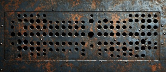 Poster - Textured black metal background with perforated holes creating an industrial design element for various creative applications