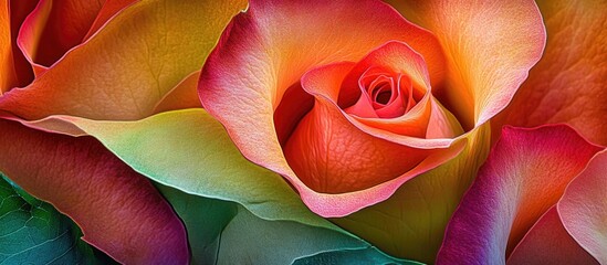 Poster - Vibrant macro close-up of a multi-colored rose showcasing intricate petals and lush green leaves in natural light.