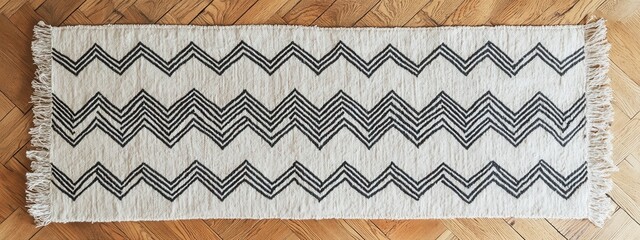 Poster - Minimalist Chevron Pattern Rug, flat lay perspective showcasing a modern design with a transparent background for versatile use.