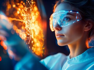 Fototapete - Futuristic Climate Research Young Female Scientist in Innovative Lab Analyzing Data on Digital Interfaces - Tech-Driven Environmental Solutions and Modern Scientific Communication