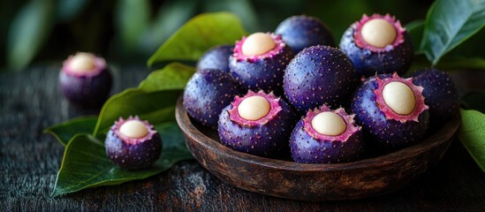 Poster - Freshly harvested mangosteen fruits with vibrant purple skin and creamy white flesh arranged in a wooden bowl surrounded by green leaves.