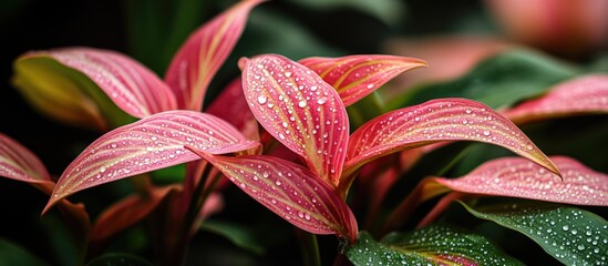 Poster - Crinum Lily Leaves in Low Key Lighting with Water Drops and Selective Focus Against a Nature Background