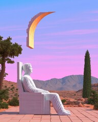 Poster - Retro-Futuristic Health Awareness Pixelated 90s Sculpture in Mediterranean Landscape for Digital Marketing and Healthcare Education