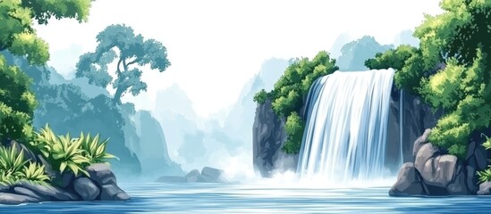 Poster - Serene landscape featuring a majestic waterfall surrounded by lush greenery with clear space for inserting text or messages.