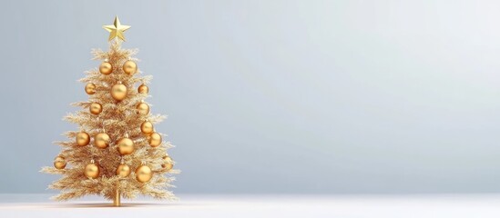 Poster - Golden Christmas Tree with Ornaments on Light Background for New Year Greetings Card and Holiday Decoration with Space for Custom Text