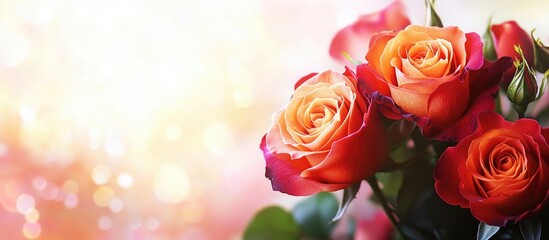 Poster - fresh orange and red roses in macro close-up against an abstract blurred background with soft bokeh 