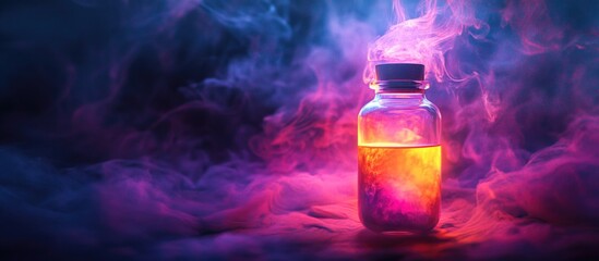 Poster - Luminous jar of colored liquid glowing amidst vibrant smoke in dark atmosphere.