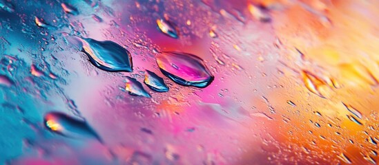 Poster - Macro closeup of rain droplets on glass with colorful bokeh effects creating a vibrant weather backdrop in a wet windshield scene