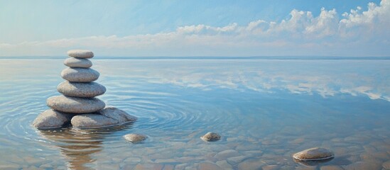 Poster - Meditation stones stacked by tranquil lake under serene sky with gentle waves reflecting calmness and harmony in nature.