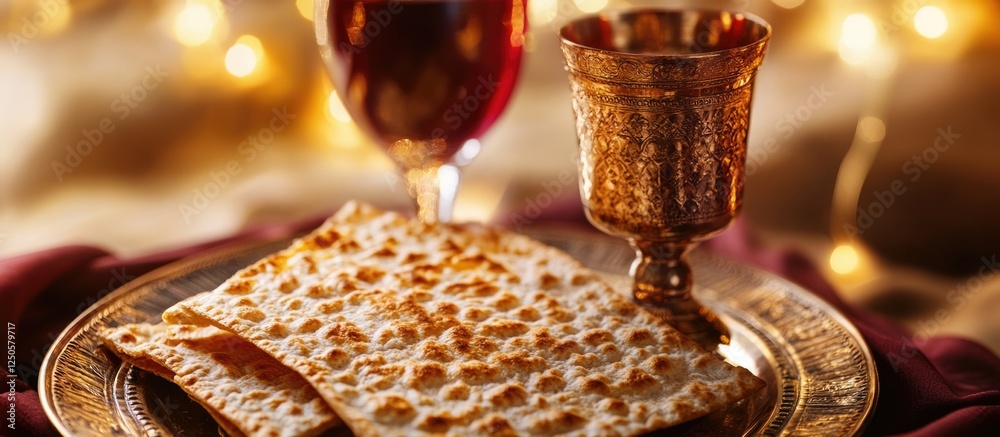 Kiddush Background Matzah bread and Kiddush cup on Seder plate for Jewish Passover ...