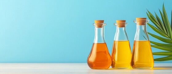 Aufkleber - Chic Lab Aesthetic for Modern Market Displays Glass Vessels with Vibrant Liquids on Minimalist Wooden Surface Visual Merchandising and Trend-Driven Content Creation