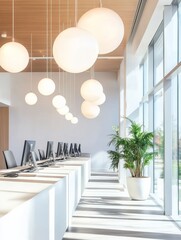 Aufkleber - Scandinavian Minimalist Open-Plan Office Sleek Workstations with Ergonomic Chairs and Pendant Lighting for Corporate Productivity in Modern Business Environments