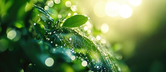 Poster - Fresh Green Leaves with Dew Drops Glowing in Morning Light Beautiful Nature Macro Photography