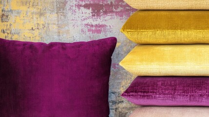 Poster - Magenta and Yellow Velvet Pillows on Textured Background with Empty Space for Text in Modern Minimalist Art Deco Style