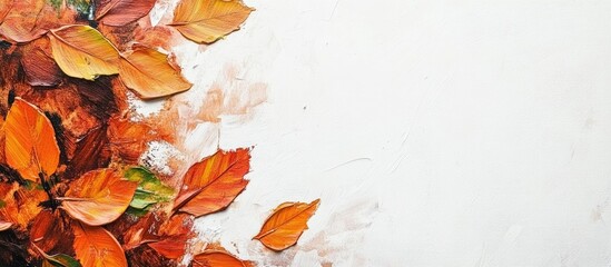 Poster - Autumn Leaves Macro Art on White Background Acrylic Painting with Blank Space for Text in a Creative Studio Setting