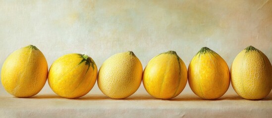 Poster - Ripe yellow melons arranged in a line against a soft backdrop highlighting their vibrant color for a fresh vegetarian concept.
