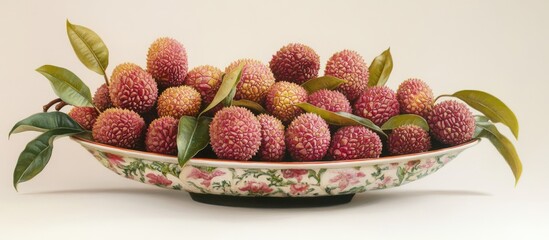 Poster - Lychees spilling from an ornate dish with vibrant leaves on a clean white background showcasing their fresh and exotic appeal