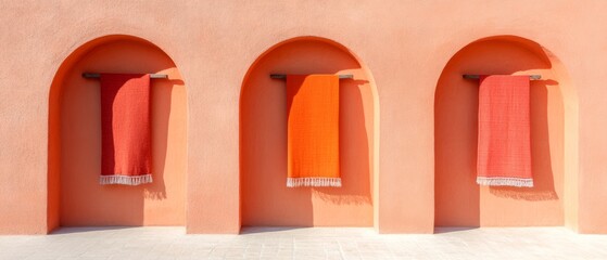 Aufkleber - Minimalist Textile Display Vibrant Woven Fabrics in Archways - Cultural Commerce and Stylish Design Content for Modern Retail Spaces